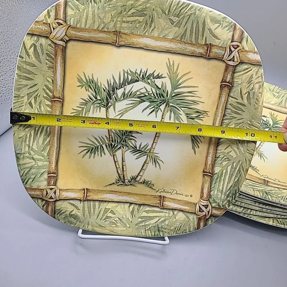 Set (8) NEW Kathleen Denis PALM TREE Melamine Dinner Plates 10.5” Keller-Charles
